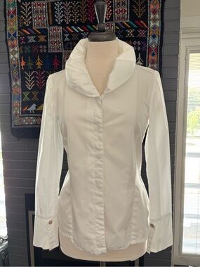 ELM DESIGN White Cotton Button Up Shirt with Puffy Shawl Collar Size P